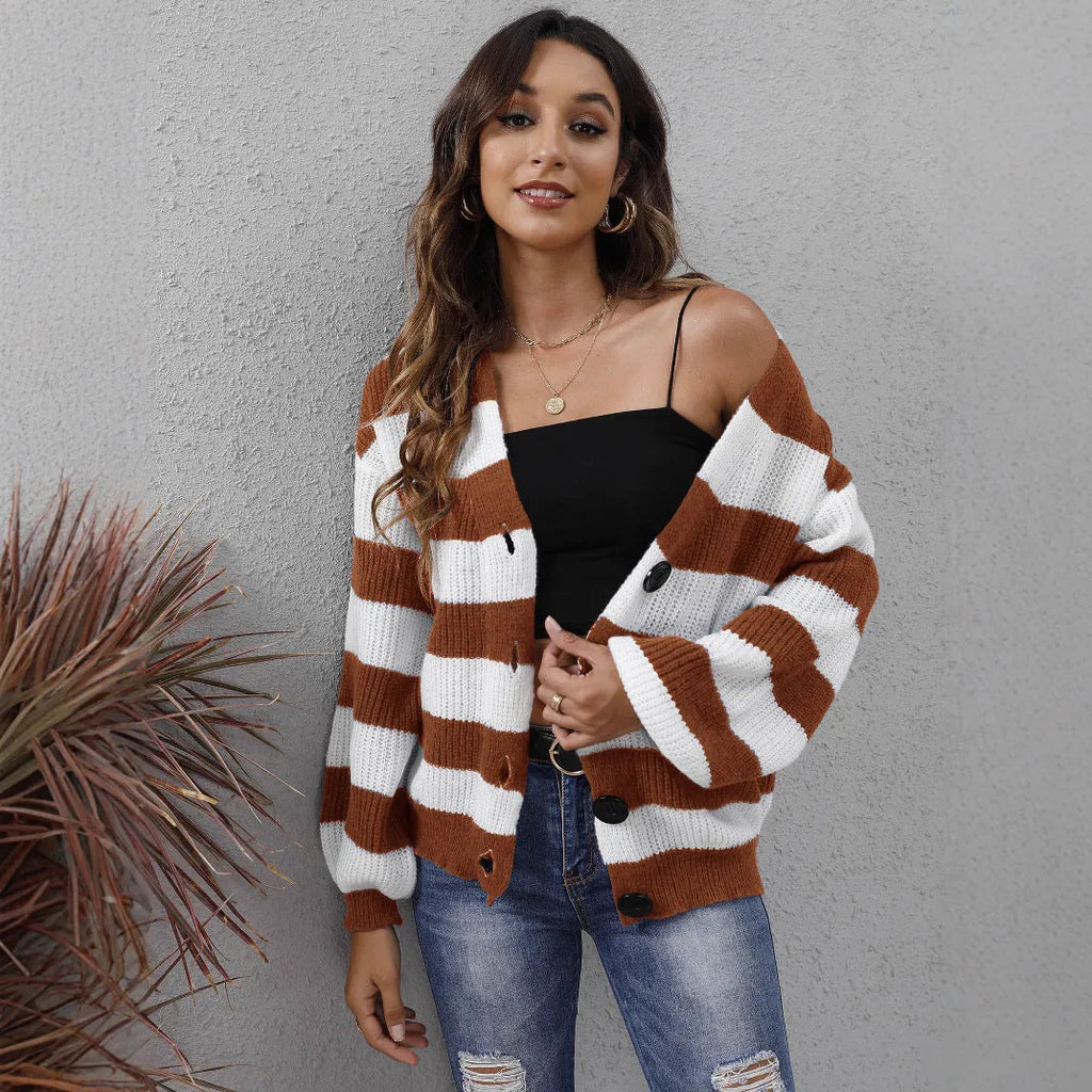 Women's striped button cardigan in deer plush polyester fabric, shown in dark green colour.