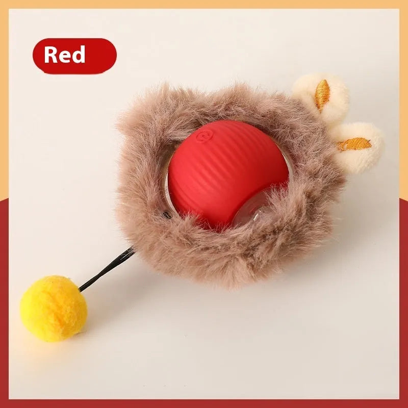 Silicone cat rolling ball toy in green, grey, red, and pink plush designs with optional rope attachment