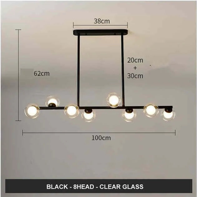 Modern minimalist glass bubble ball chandelier with black iron body and clear glass shades in a Nordic style