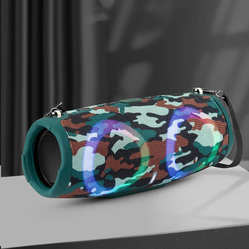 Portable Bluetooth speaker with colourful RGB lights in a choice of five colours including camouflage.