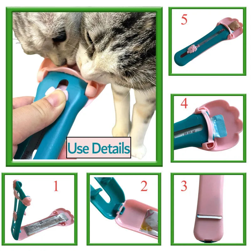 Green and pink pet feed spoon and snack squeezer tool for cat and dog food.
