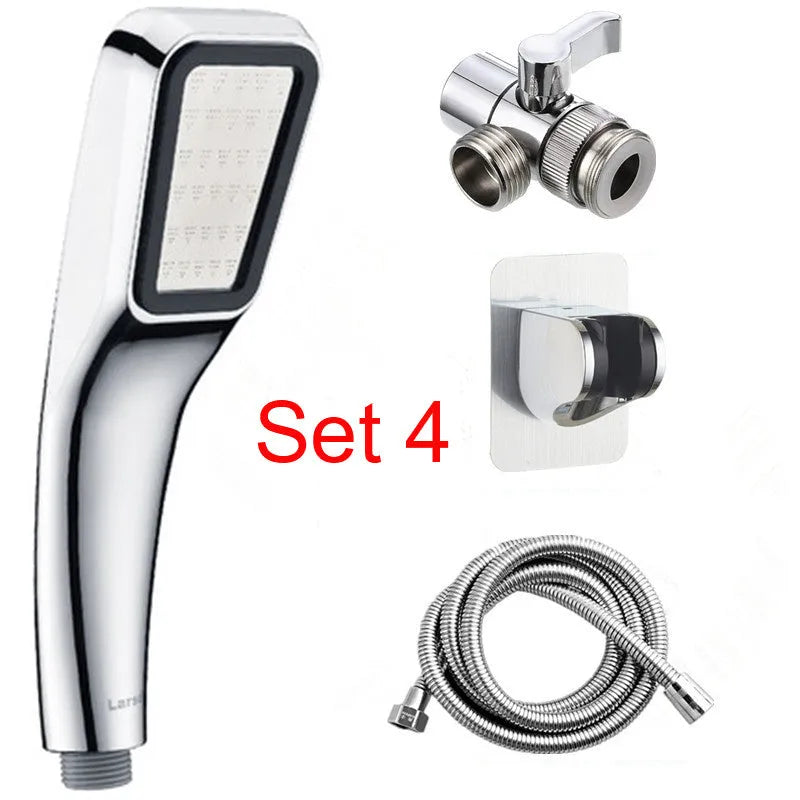 Orange hand-held pressurised shower unit with hose, showing rain shower head and control button.