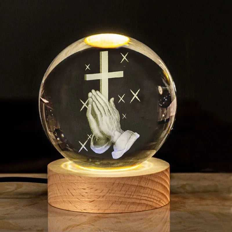 White crystal lamp with 6cm diameter ball on solid wood warm light base for church office decoration