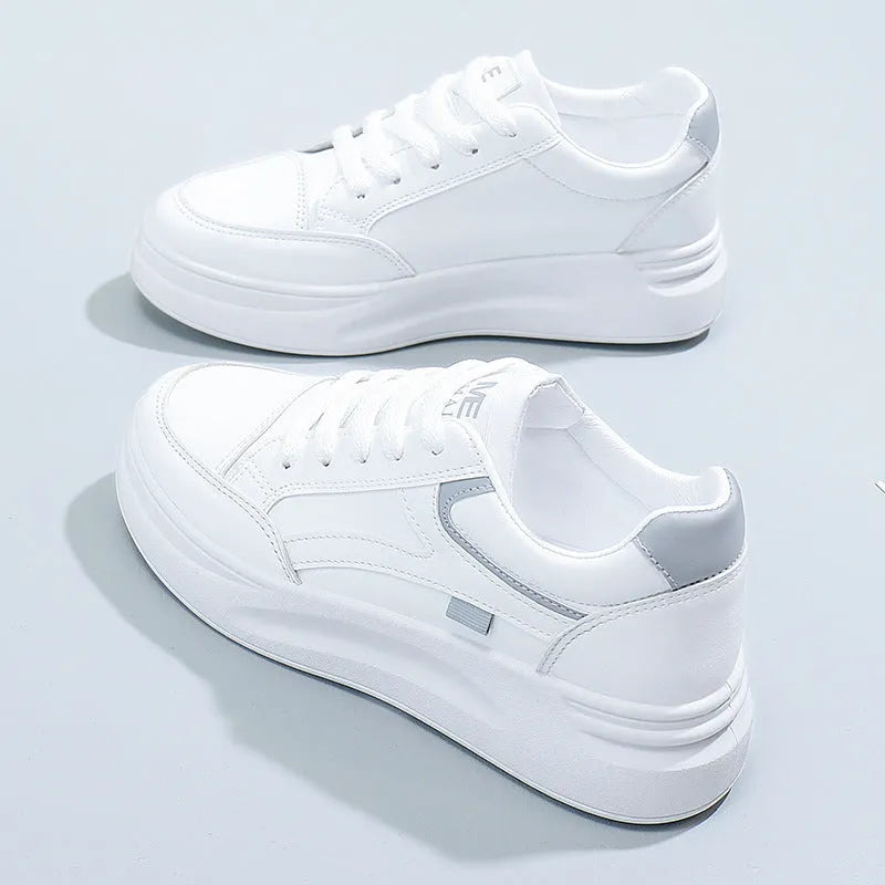Women's casual sports board shoes solid colour artificial leather round head white green