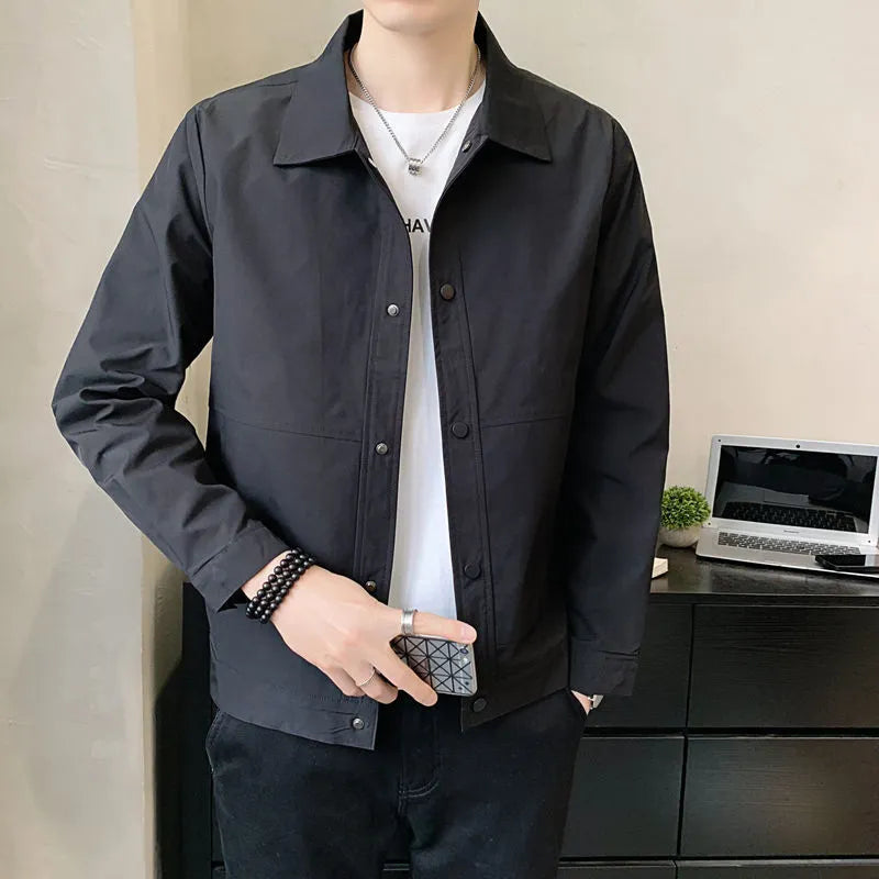 Men's lightweight single-layer jacket in Korean style, shown in a neutral colour with long sleeves.