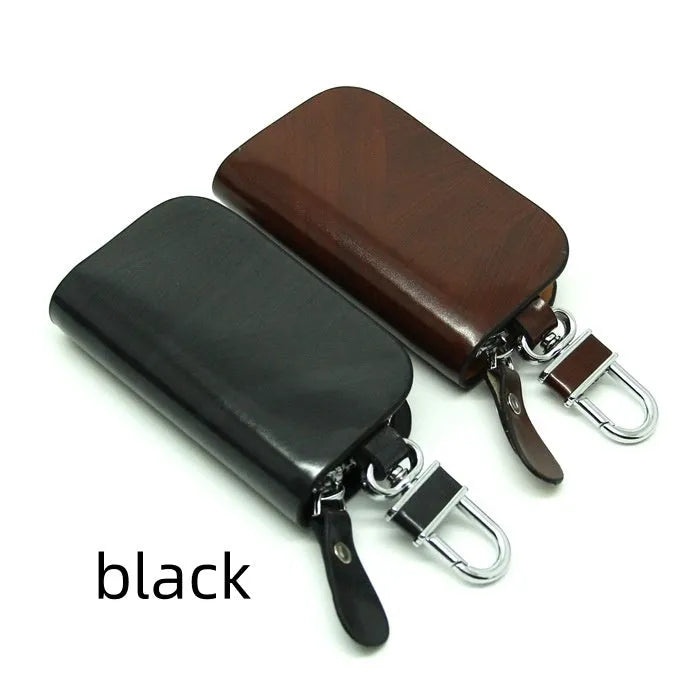 Genuine leather car key case with zipper in frosted black or brown.