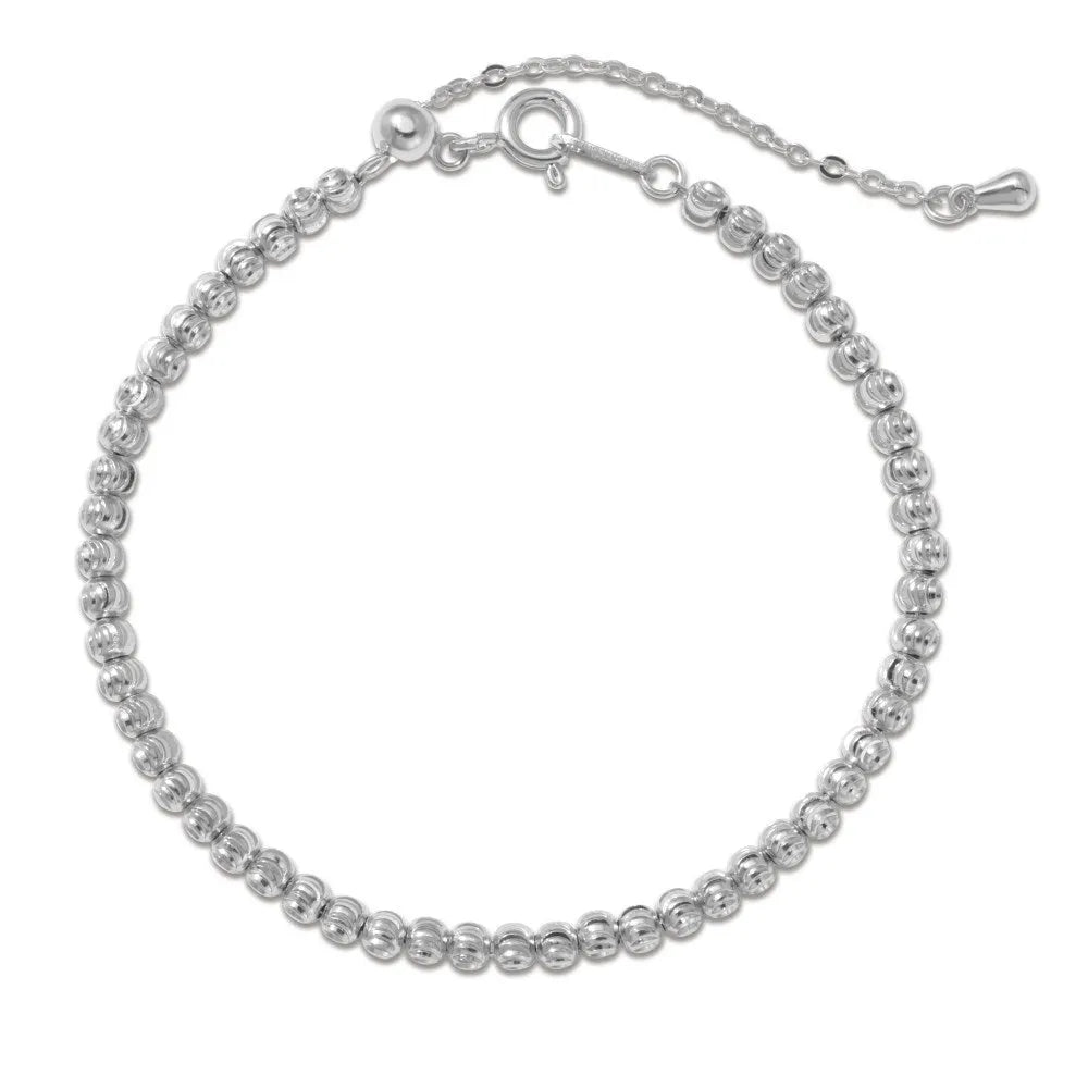 S925 sterling silver bracelet for women with crescent and round beads in geometric design, platinum finish, on white background