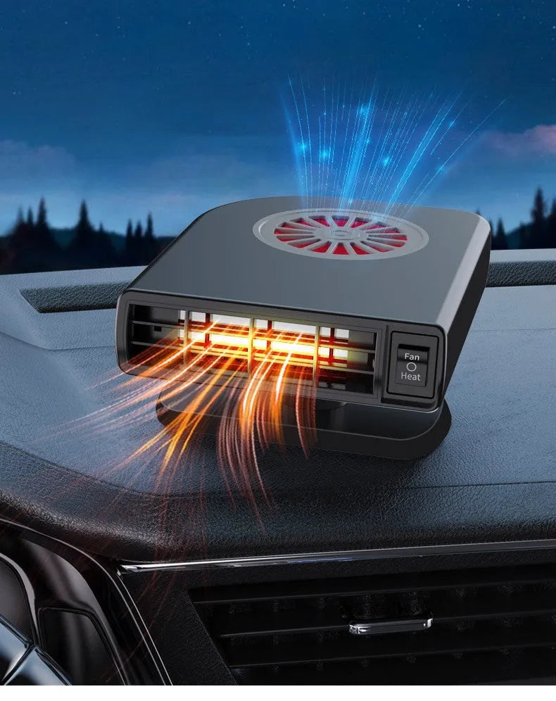 Black vehicle-mounted 12V car heater with adjustable vent on a car dashboard.