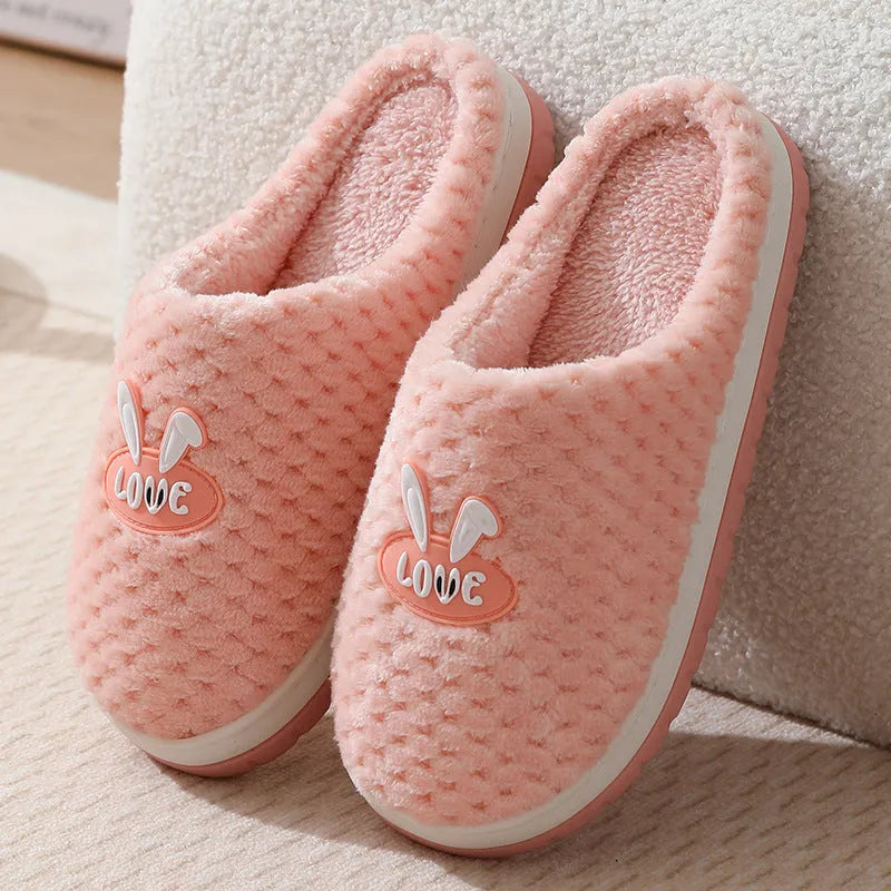 Women's plush rabbit plaid house slipper with thick sole, shown in a solid colour option.
