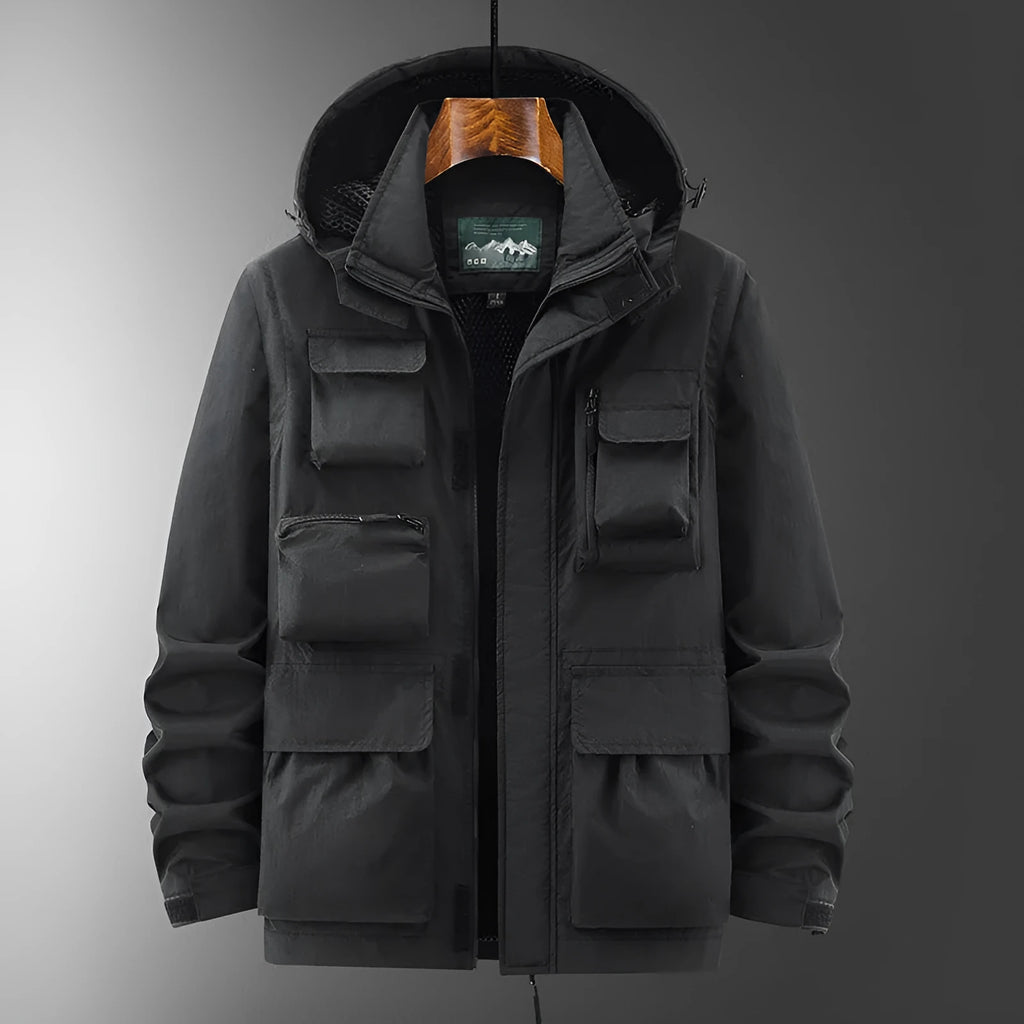 Japanese style outdoor shell jacket overalls jacket in black with size patch pocket and nylon blend fabric