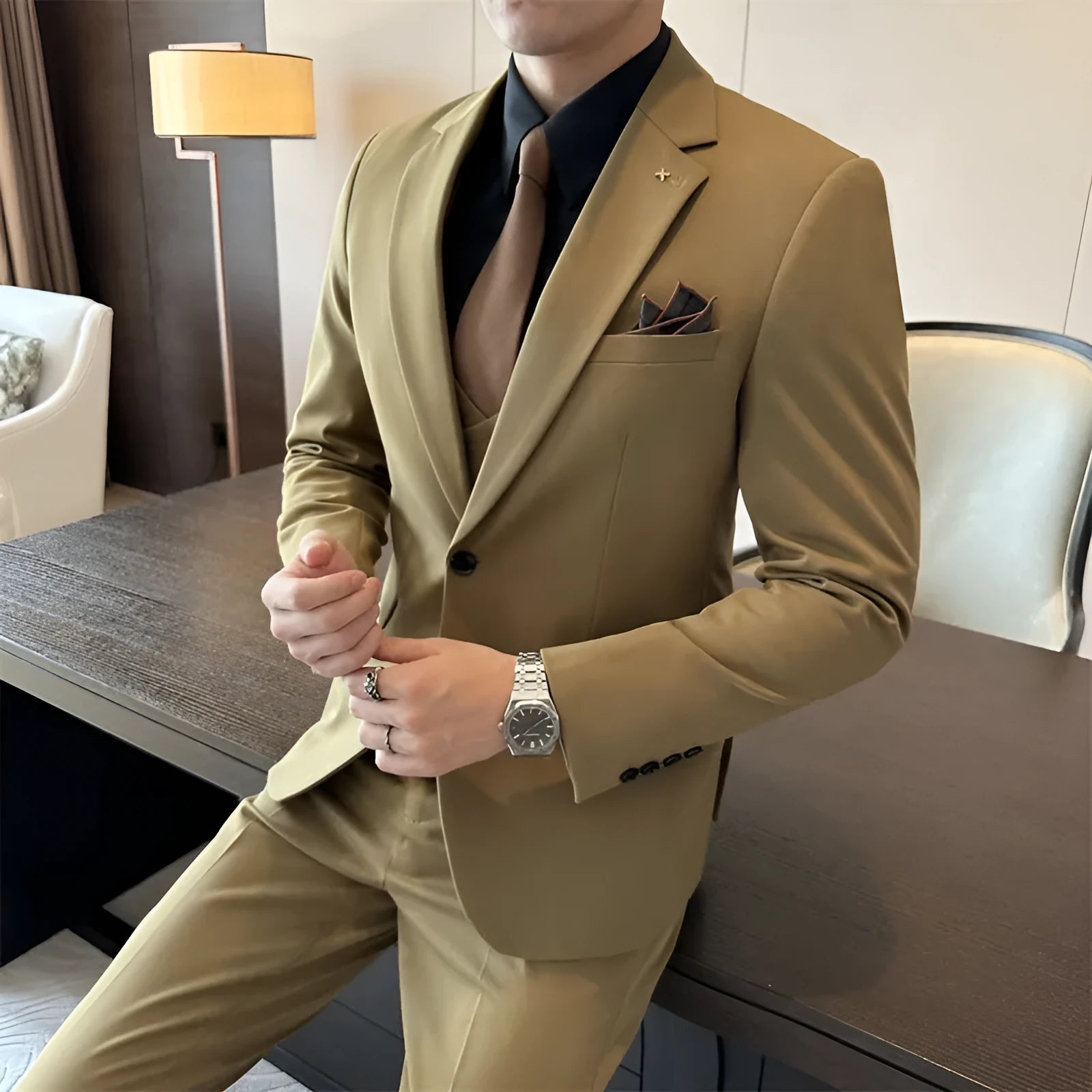 Men's slim fit business formal wear in chemical fibre blend fabric available in three colours
