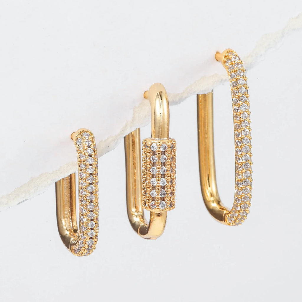 Geometric copper ear clip three-piece set with micro inlaid zircon details in gold or white k colours