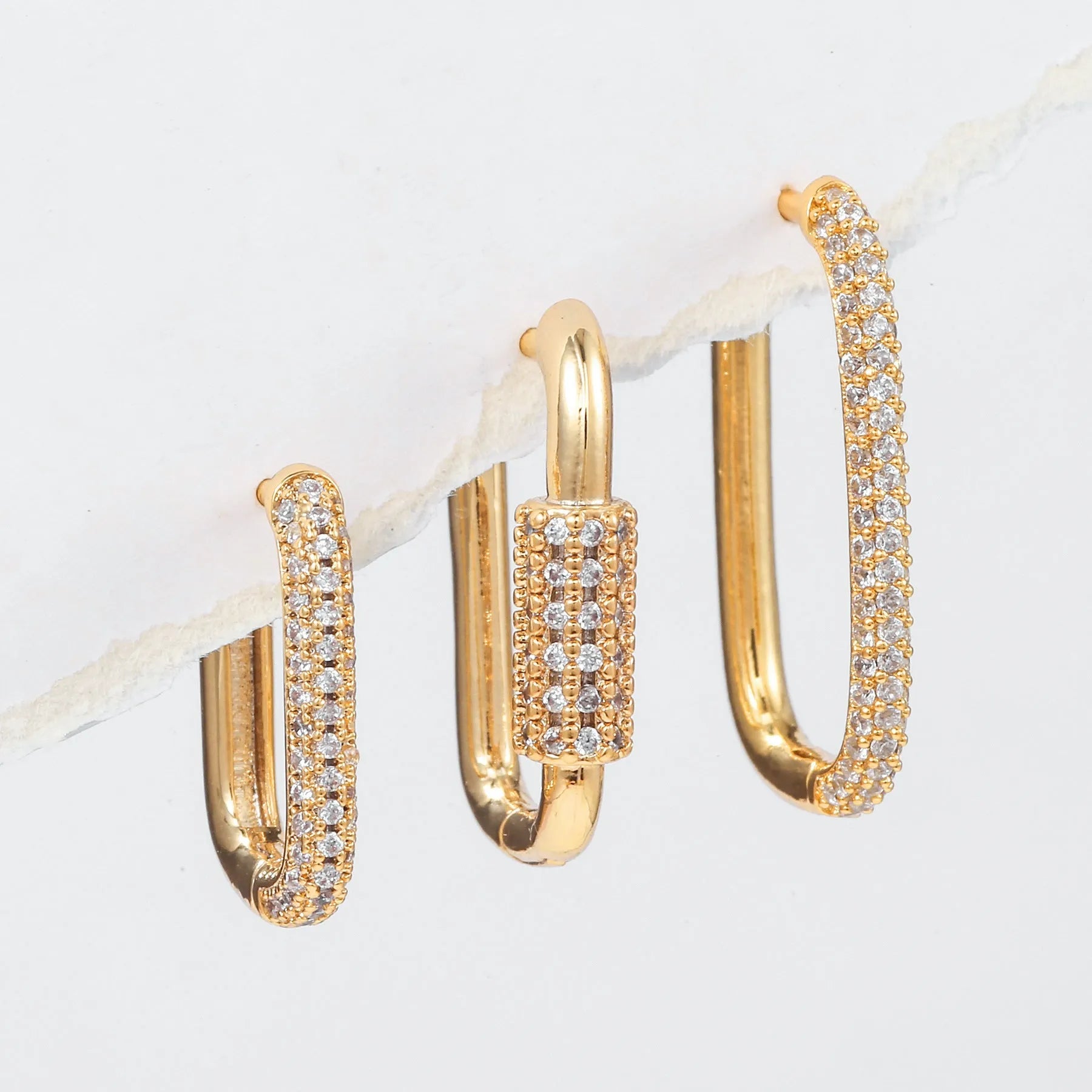 Geometric copper ear clip three-piece set with micro inlaid zircon details in gold or white k colours