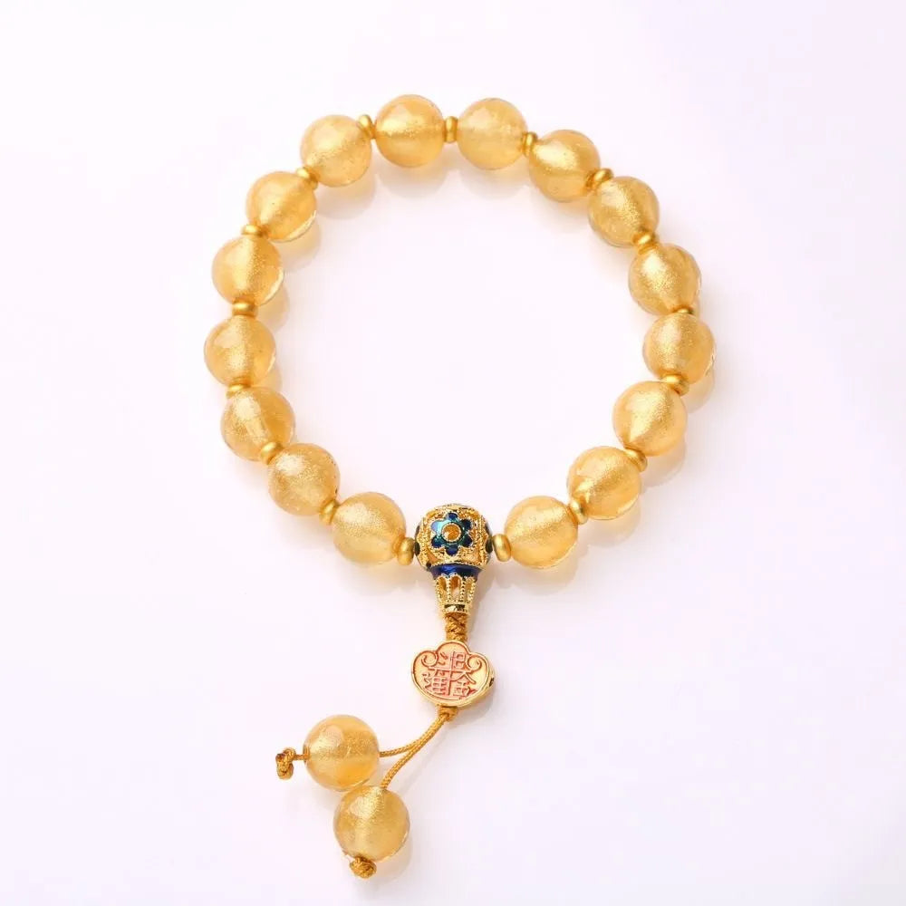 Natural stone beaded mixed stitching bracelet with 10mm gold foil and pink agate beads, flower style