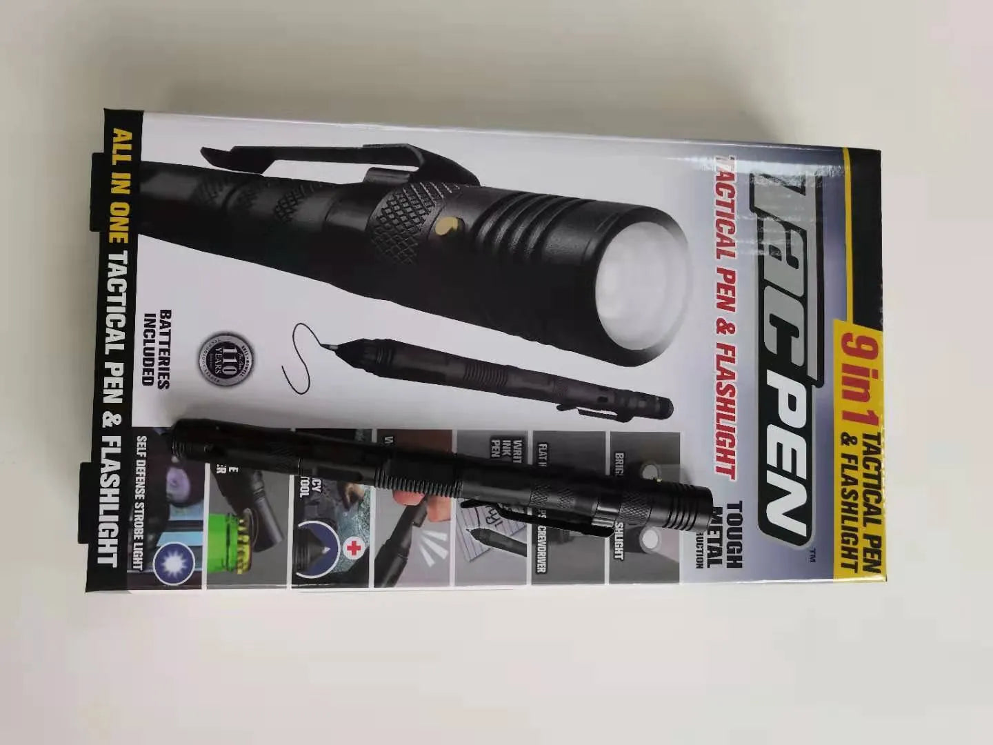 Black nine-in-one multi-function flashlight pen with car window breaker and dual light source for EDC outdoor use