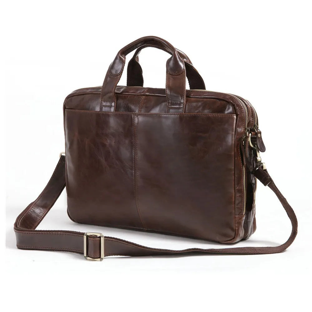 Brown men's business briefcase made from first layer cowhide leather, 18-inch size.
