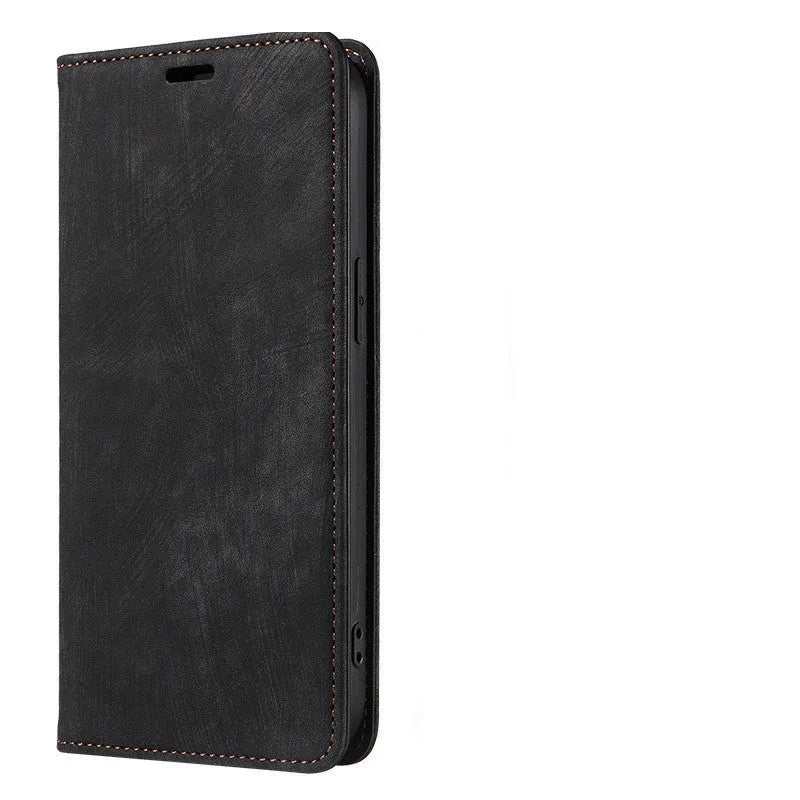 Magnetic flip leather phone case for iPhone in grey, showing front cover closed.