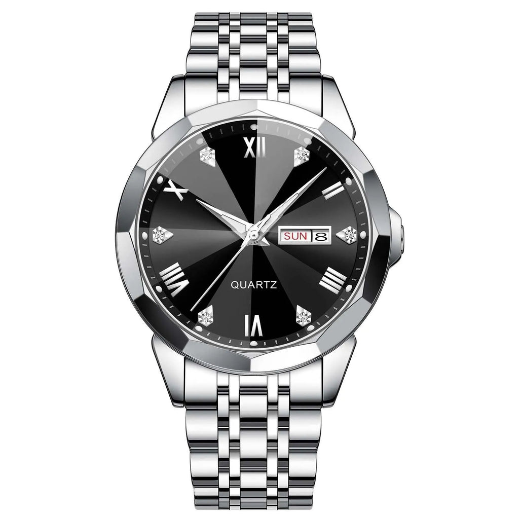 Business men's double calendar quartz watch with stainless steel strap and mineral glass face, available in multiple colours
