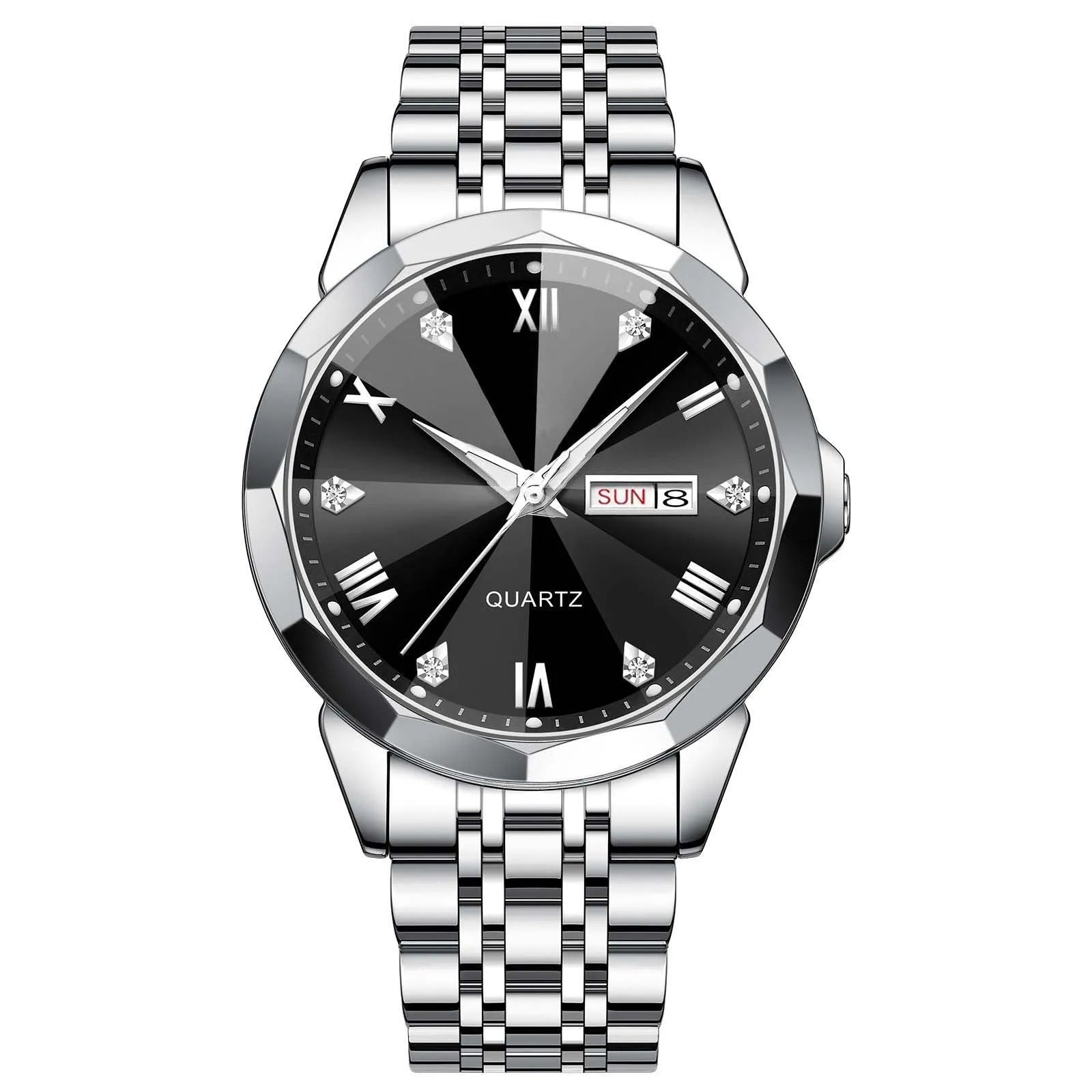 Business men's double calendar quartz watch with stainless steel strap and mineral glass face, available in multiple colours