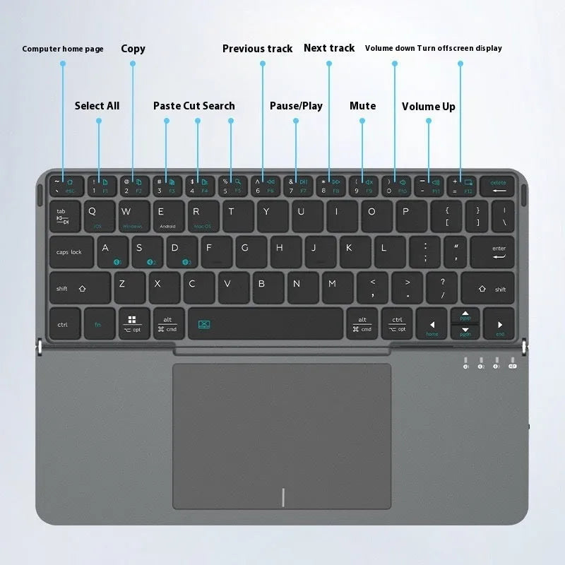 Grey wireless Bluetooth folding keyboard for mobile phones and tablets showing compact folded design