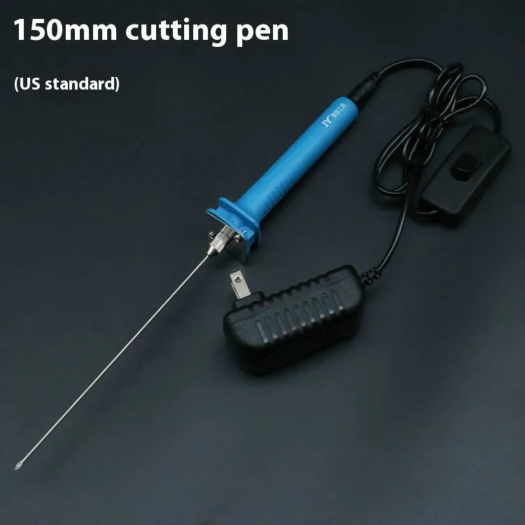 Blue electric heating foam cutter pen with plastic handle and long metal blade on a workbench.