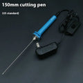 Blue electric heating foam cutter pen with plastic handle and long metal blade on a workbench.