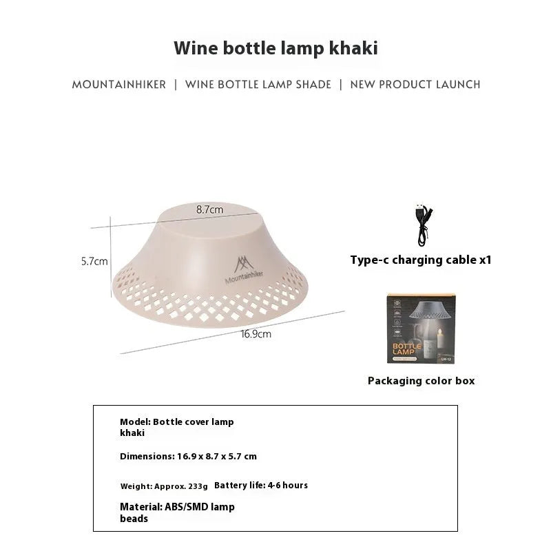 Beige wine bottle shaped camping lantern with LED lights and USB-C charging port