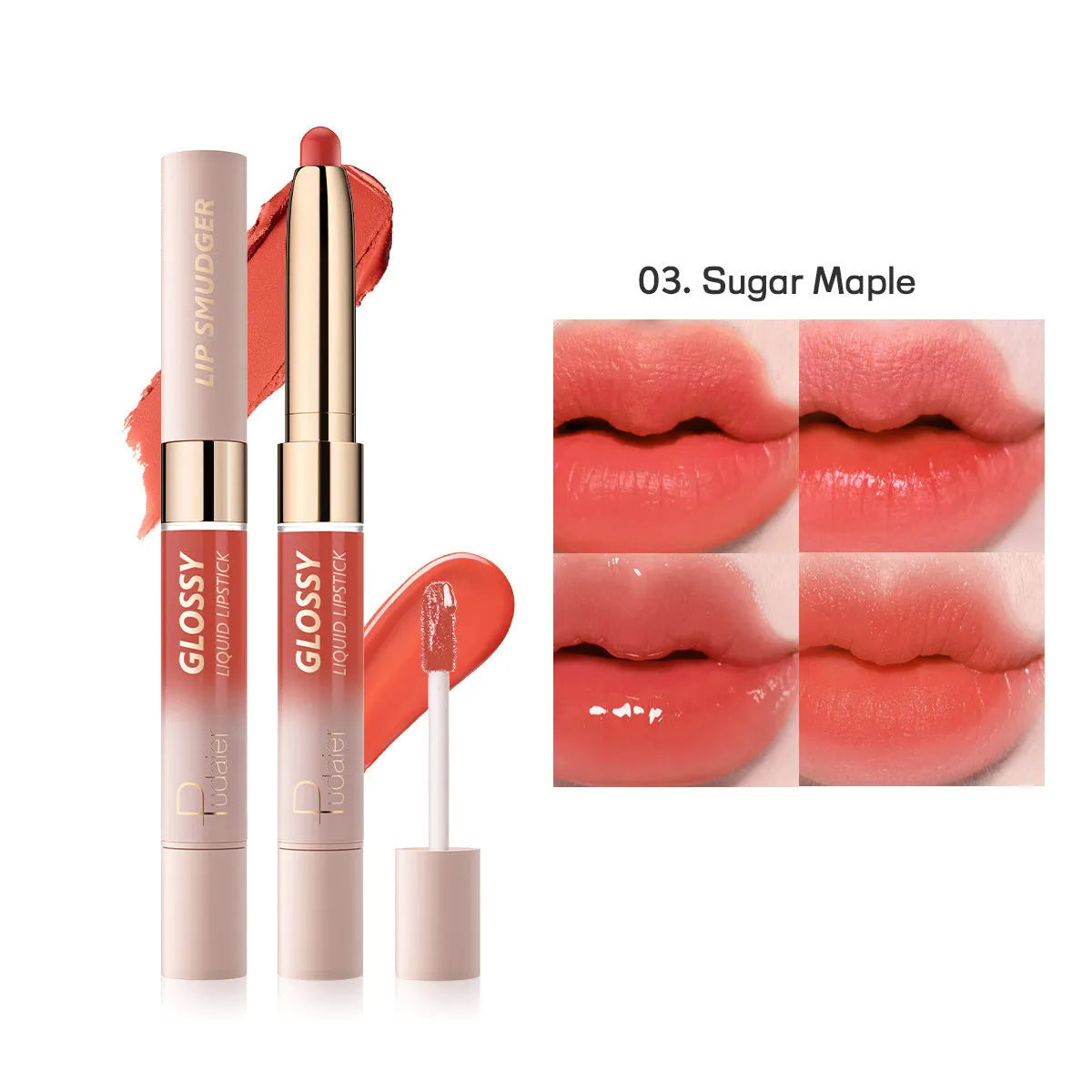 Double-headed lipstick and lip gloss cosmetic product showing matte and glossy ends