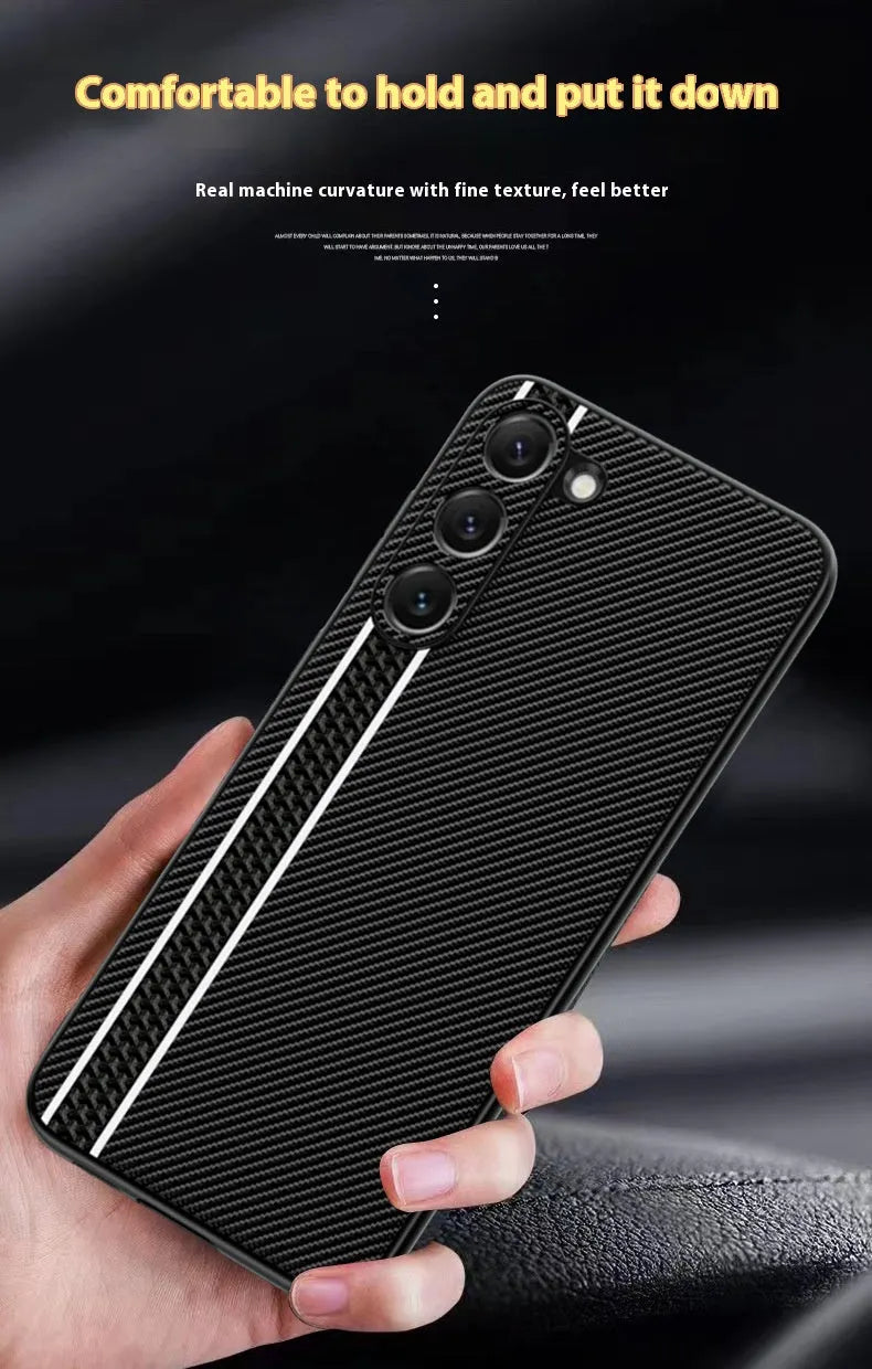Ultra-thin carbon fibre plain leather phone case back cover for Samsung S24 with black stripe pattern