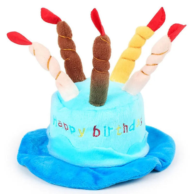 Blue dog-shaped birthday hat for small to medium dogs on a white background.