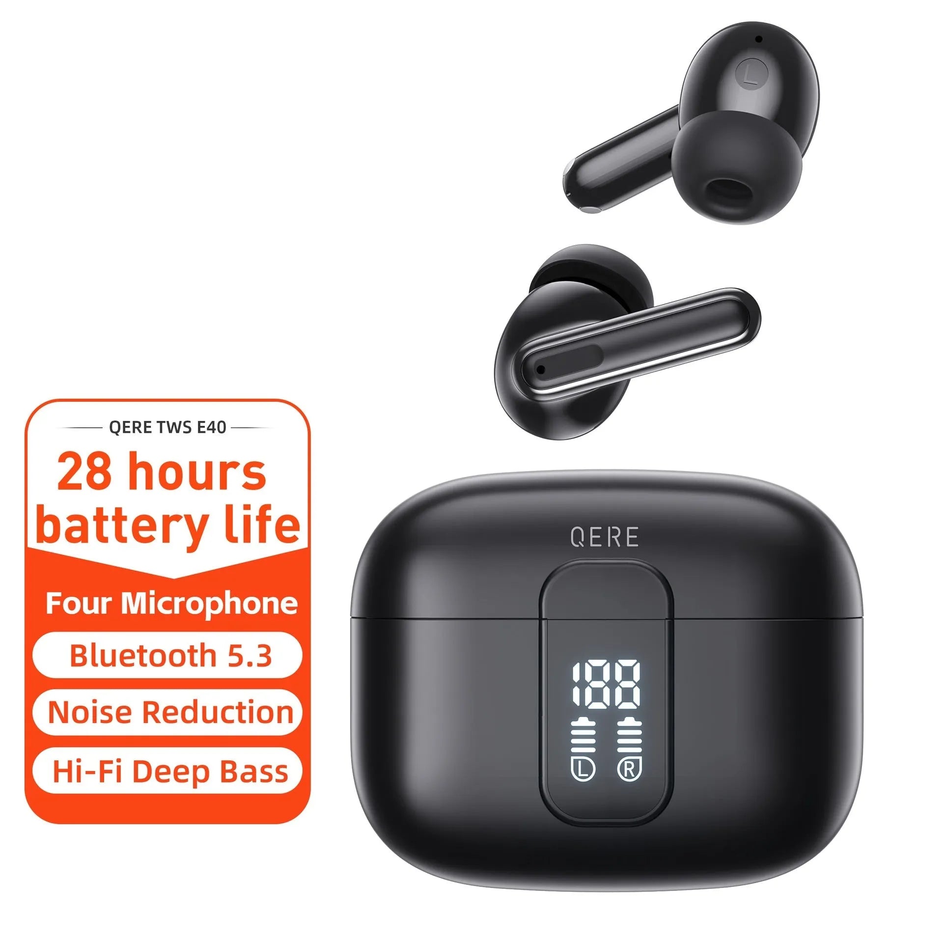 Wireless Bluetooth in-ear headset with digital display, black colour, ABS material