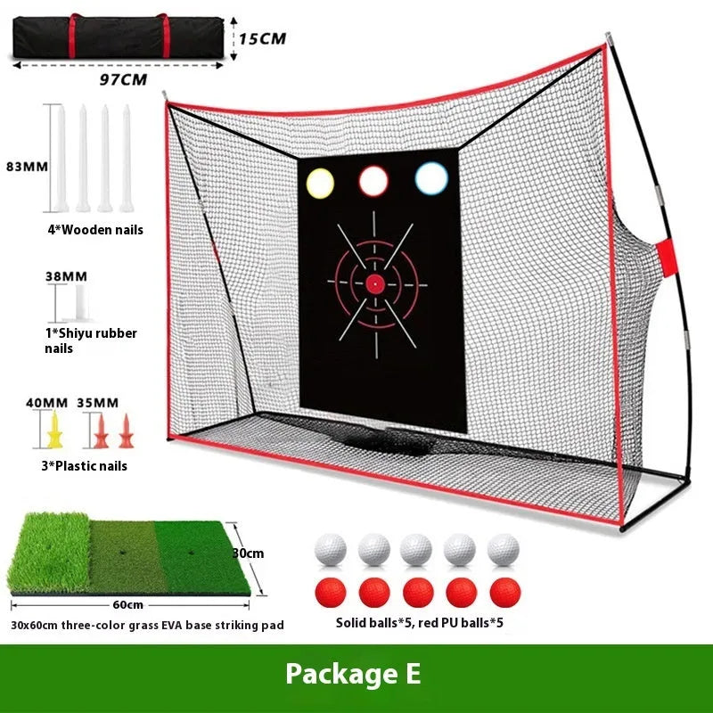 Golf wedge training net with 3-hole cross net on 30x60cm straw mat with practice balls and accessories
