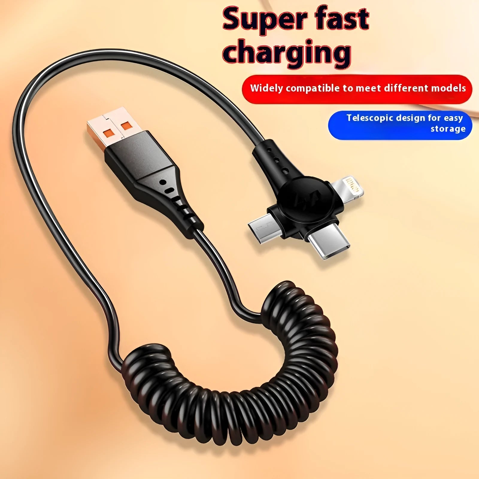 Three-in-one retractable TPE data cable with Type-C, Lightning, and Micro USB connectors in black, 1.5 metres