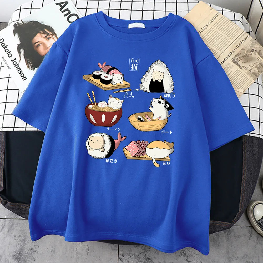 Men's black cotton t-shirt with cute cat sushi cartoon print, loose fit short sleeve design