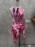 Women's striped polyester conjoined square scarf bikini swimsuit in blue and pink