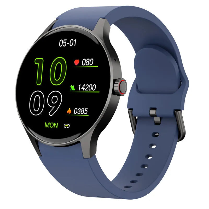 Smart Bluetooth sport watch with circular touchscreen display showing fitness metrics on wrist