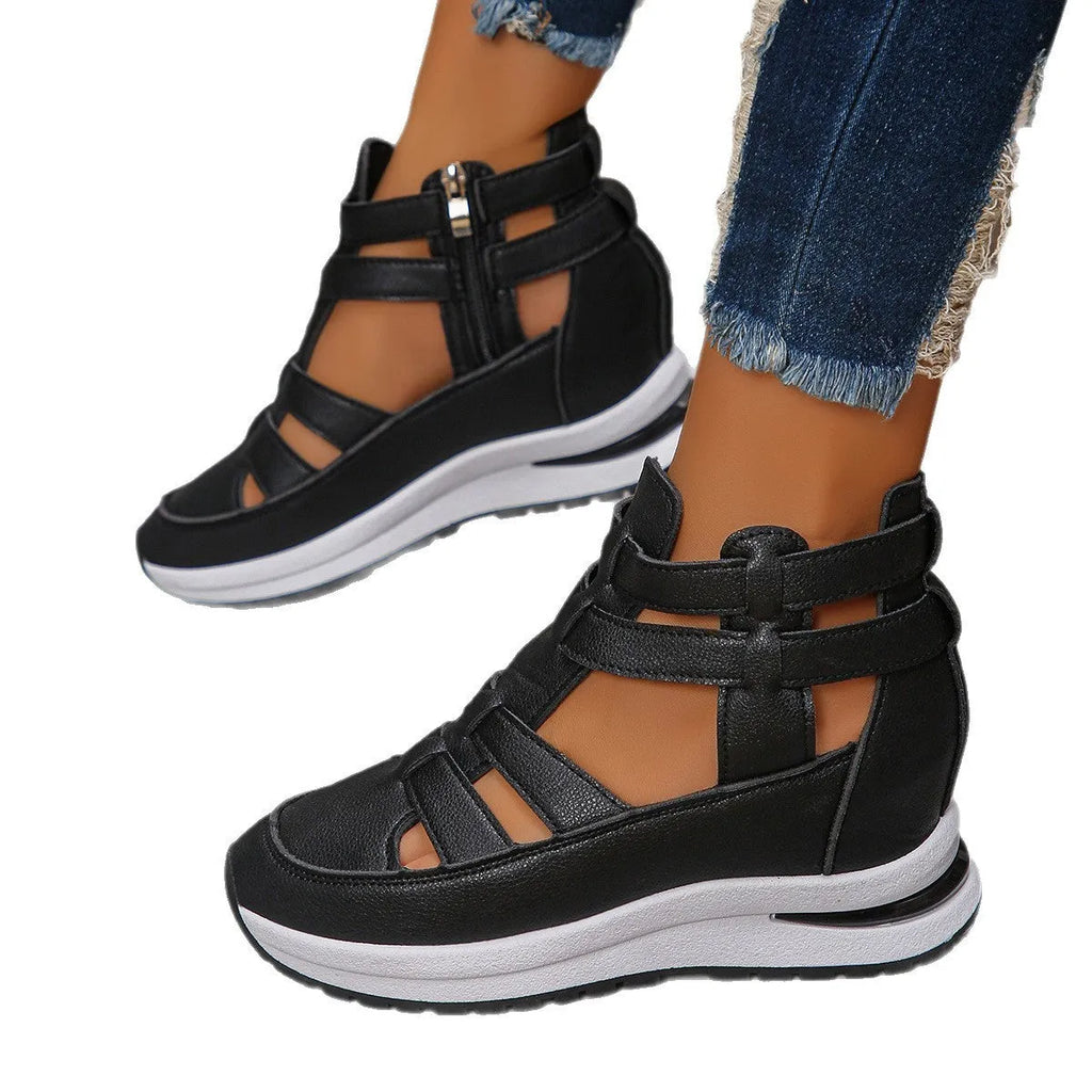 Women's black close-toed platform sandals with hollow-out design and Velcro strap