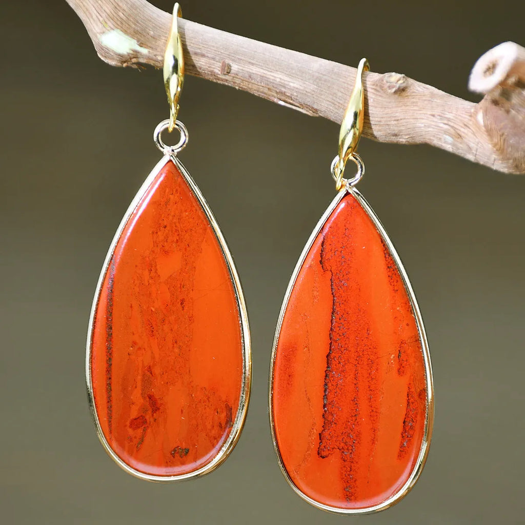 Vintage Tigereye stone drop earrings with handcrafted texture details and water drop pendant shape