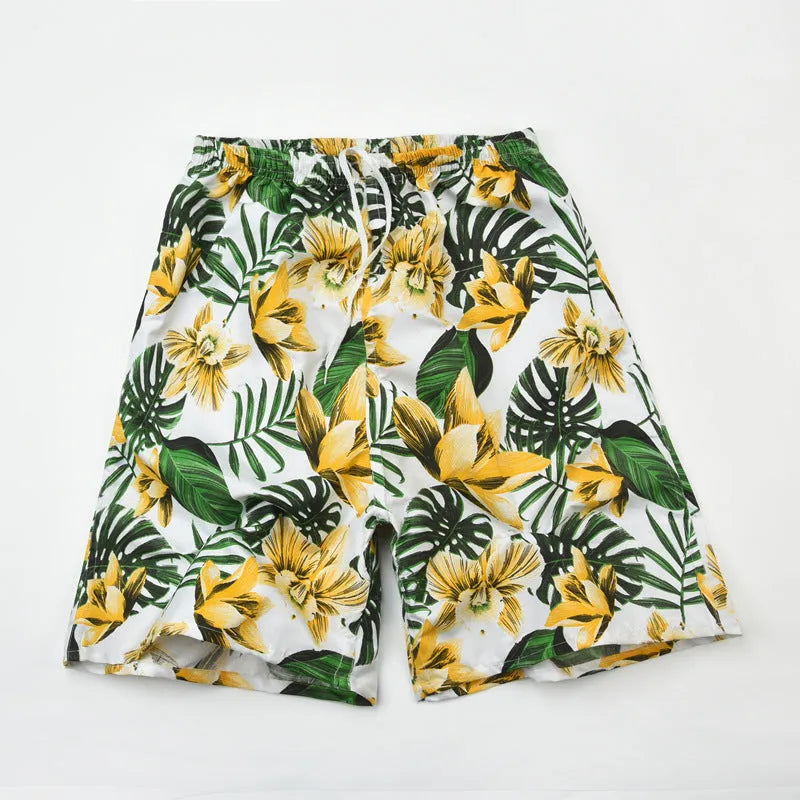 Men's floral print five-point swimming trunks in polyester, showing one of 24 available colour patterns.