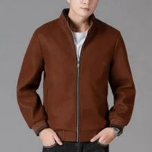 Men's grey autumn woolen fleece jacket in sports style with long sleeves and stick pocket
