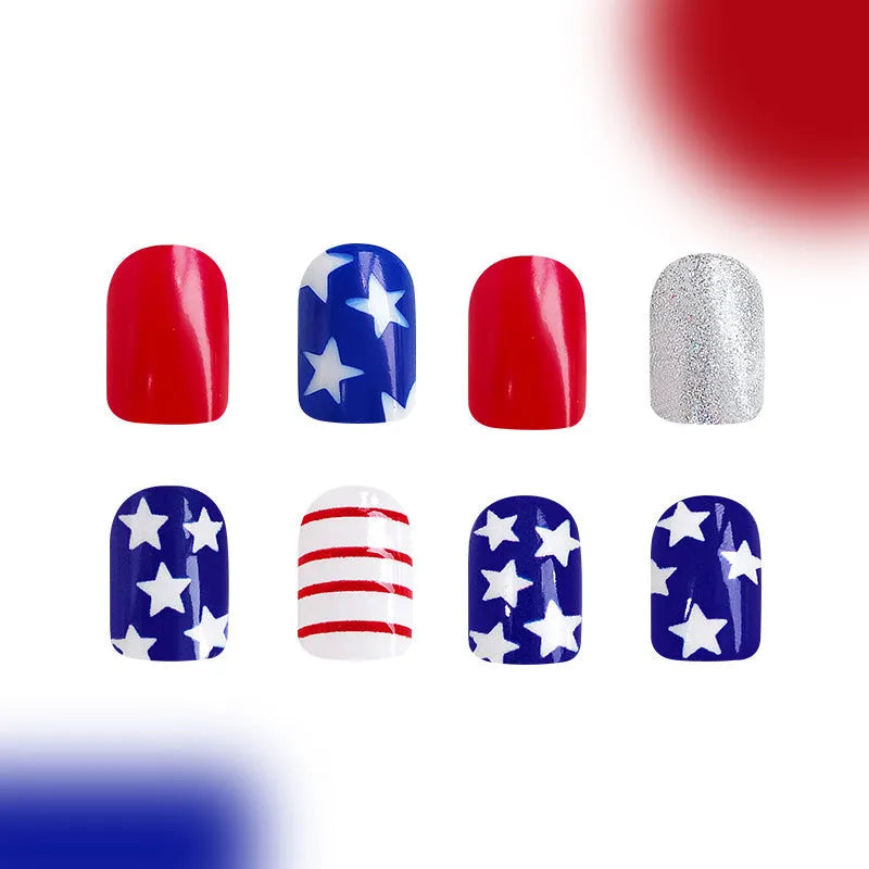 Red and blue multicolor glitter nail tips with European Square short length design