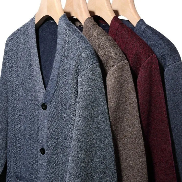 Men's striped cardigan sweater with long sleeves and wool lining shown in brown colour