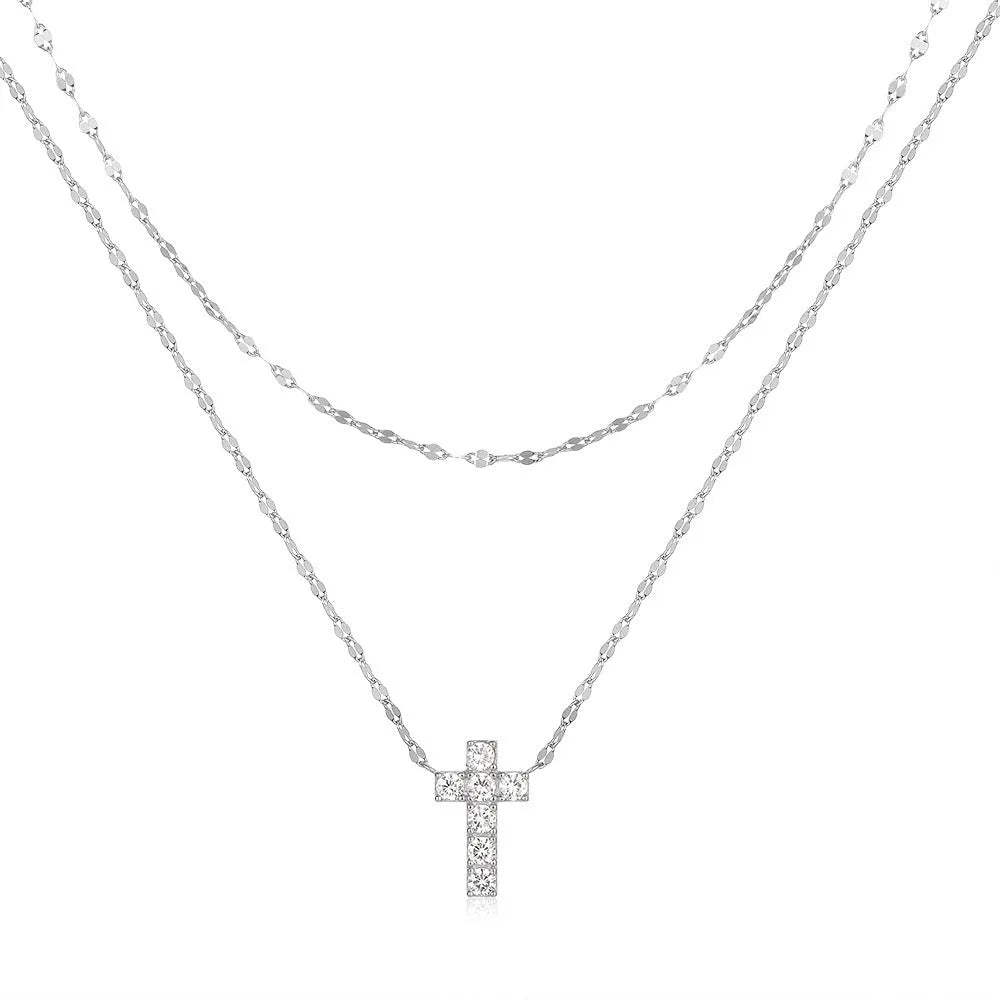 Sterling silver double layer twin diamond cross pendant necklace on clavicle chain