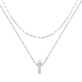 Sterling silver double layer twin diamond cross pendant necklace on clavicle chain