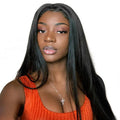 Women's long black straight synthetic wig with centre-parted bangs.