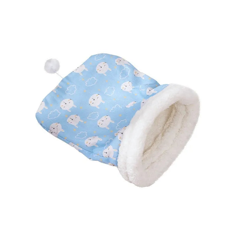 Flannel cat sleeping bag nest pet bed in blue, pink, or stripe pattern, size 50cm by 40cm.