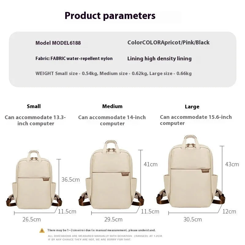 Women's canvas travel backpack showing organisational compartments and breathable design in apricot colour