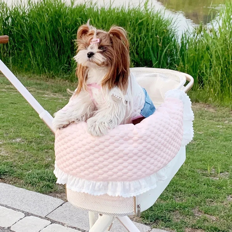 Pet stroller three-piece set showing removable cotton towel, cushion and pillow for cats and dogs