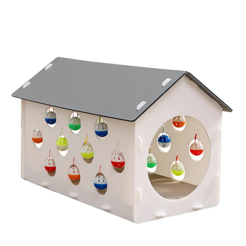 Integrated plastic cat scratch board with nest bed and tunnel containing bell ball