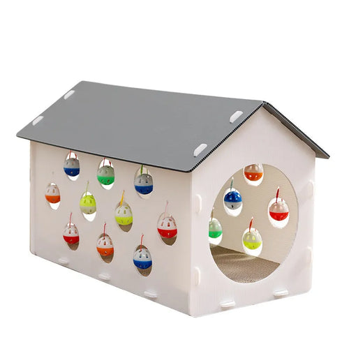 Integrated plastic cat scratch board with nest bed and tunnel containing bell ball
